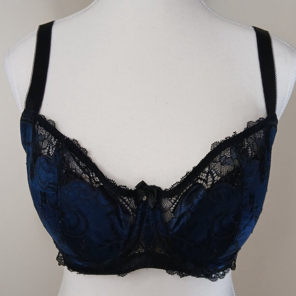 Charade by Change Balconette Bra Satiny Blue with Black Lace Overlay Size 34F - Picture 1 of 8